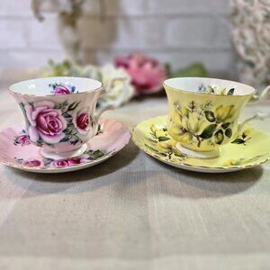 2 Royal Albert Floral Bone China England Vintage Teacups & Saucers Pink & Yellow